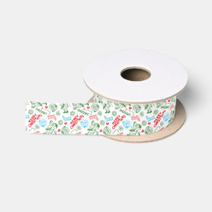 Christmas Symbols Doodling Red & Green Pattern Satin Ribbon