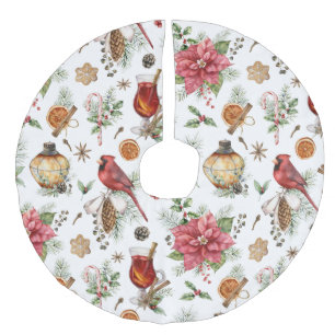Christmas Symbols Pattern Cardinal, Poinsettia Faux Linen Tree Skirt