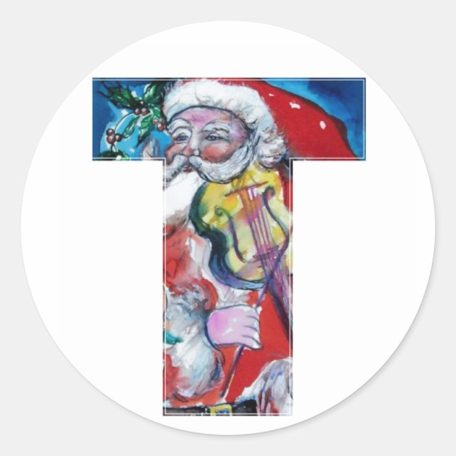 CHRISTMAS T LETTER  / SANTA WITH VIOLIN MONOGRAM CLASSIC ROUND STICKER (Front)