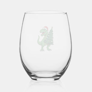 Christmas T-Rex Carrying Christmas Tree Stemless Wine Glass