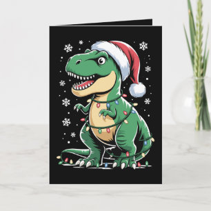 Christmas T Rex Dinosaur Santa Hat Lights Snow Card