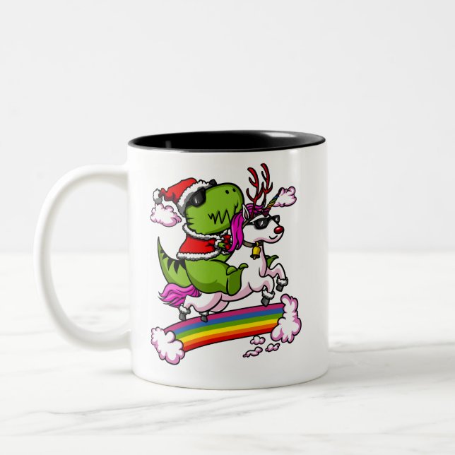 Christmas T-Rex Dinosaur Santa Riding Unicorn Two-Tone Coffee Mug (Left)