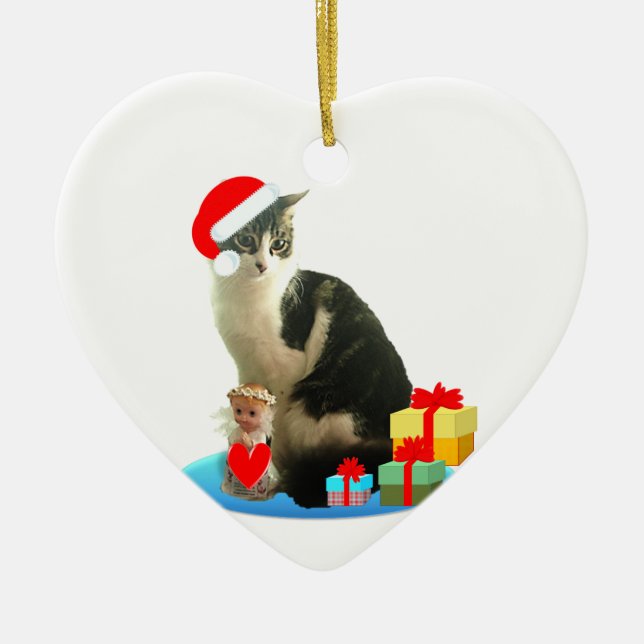 Christmas tabby cat and cute little angel ceramic ornament (Front)