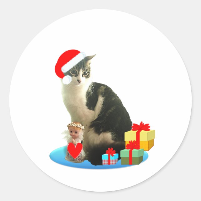 Christmas tabby cat and cute little angel classic round sticker (Front)