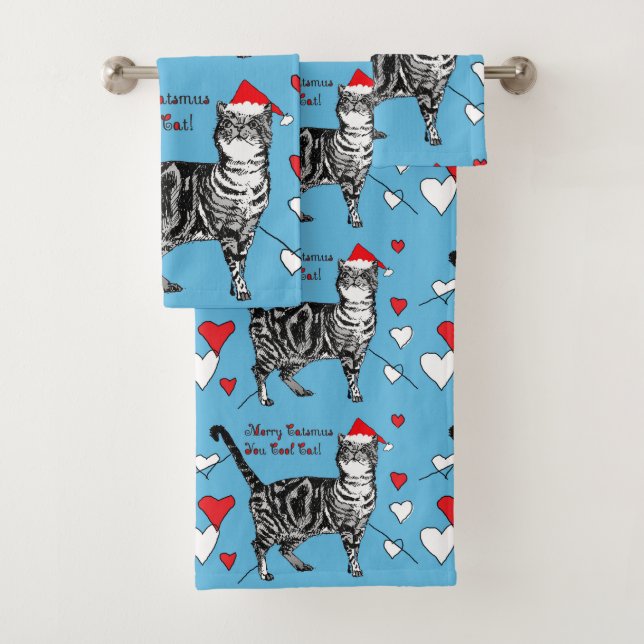 Christmas Tabby Cat Cool Cats Blue Red Towel Set (Insitu)