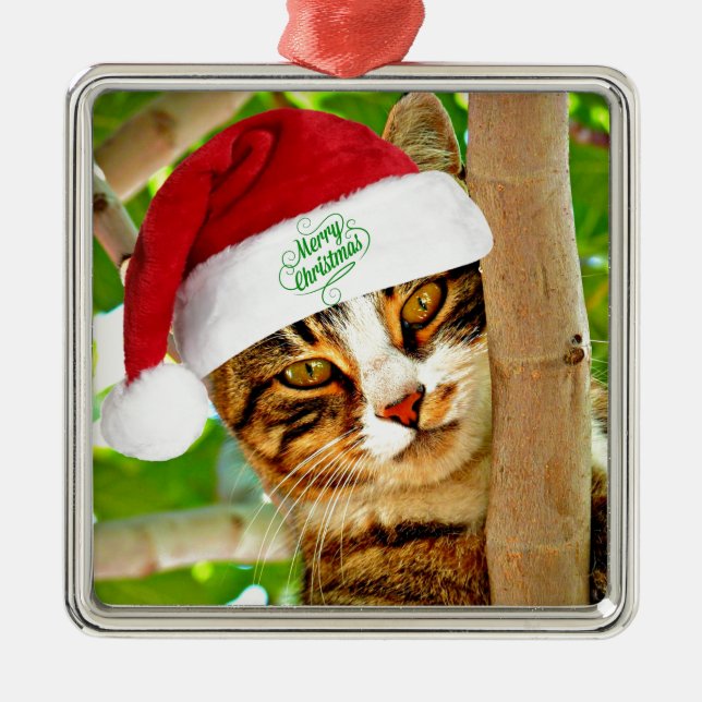 Christmas Tabby Cat in a Tree  Metal Ornament (Front)