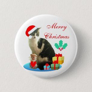 Christmas tabby cat, little angel & gifts 2 inch round button