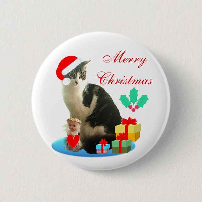 Christmas tabby cat, little angel & gifts 2 inch round button (Front)