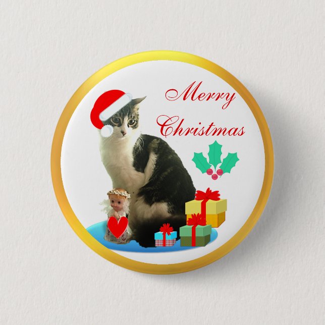 Christmas tabby cat, little angel & gifts 2 inch round button (Front)
