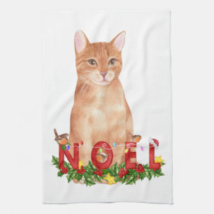 Christmas Tabby Cat Watercolor  Kitchen Towel