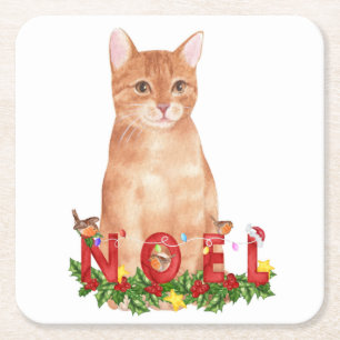 Christmas Tabby Cat Watercolor  Square Paper Coaster
