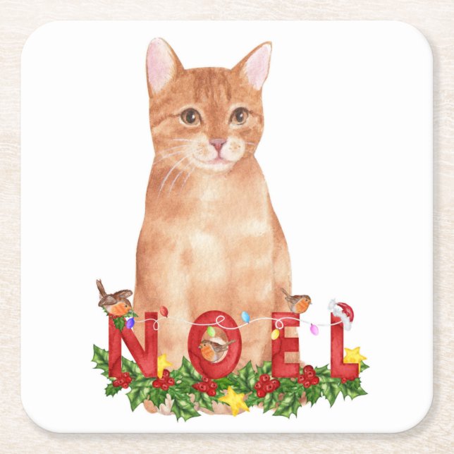 Christmas Tabby Cat Watercolor  Square Paper Coaster (Front)