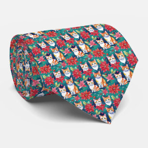 Christmas Tabby Cats With Poinsettias Tie