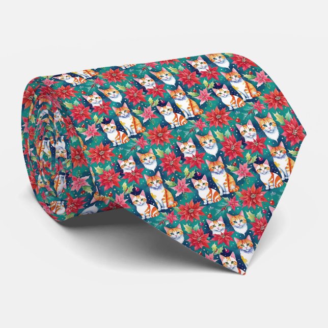 Christmas Tabby Cats With Poinsettias Tie (Rolled)