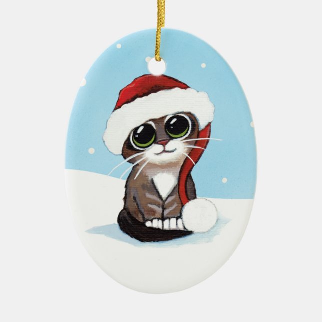 Christmas Tabby Kitten in a Santa Hat Ceramic Ornament (Front)