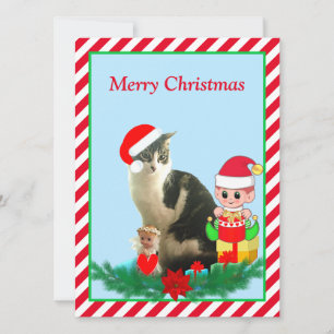 Christmas Tabby Kitty Cat, Angel & Cute Elf on Red