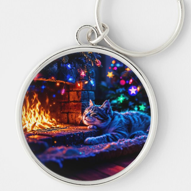 Christmas tabby sleeping cat warm decor keychain (Front)