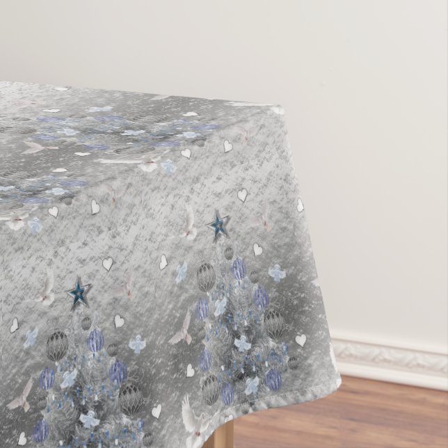 Christmas Tablecloth, Merry Blue Silver Tree Tablecloth (In Situ)