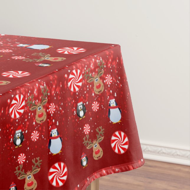 Christmas Tablecloth, Merry Christmas, Penguin Tablecloth (In Situ)