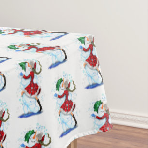 Christmas Tablecloth Snowman and Girl Dance