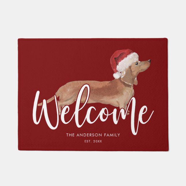 Christmas Tan Dachshund Personalized Red Doormat (Front)