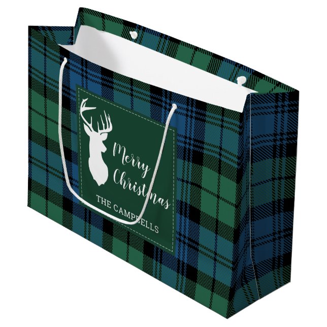 Christmas Tartan Clan Campbell Plaid Personalized Large Gift Bag (Front Angled)