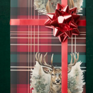 Christmas Tartan hunter green Reindeer Wrapping Paper