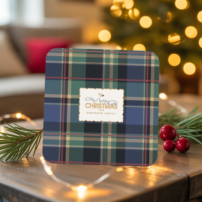 Christmas Tartan Navy Blue Green ID1141B Square Paper Coaster (Creator Uploaded)