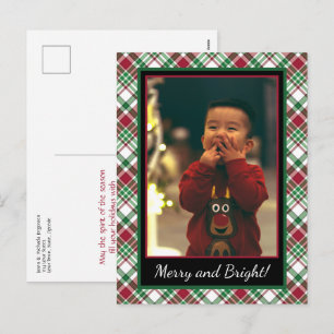 Christmas Tartan or Plaid Merry & Bright Photo Holiday Postcard