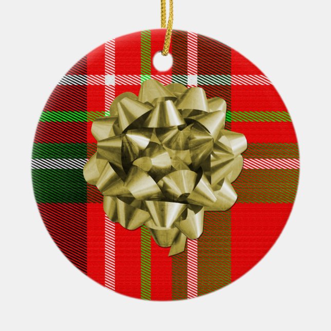 Christmas Tartan Pattern Ceramic Ornament (Front)
