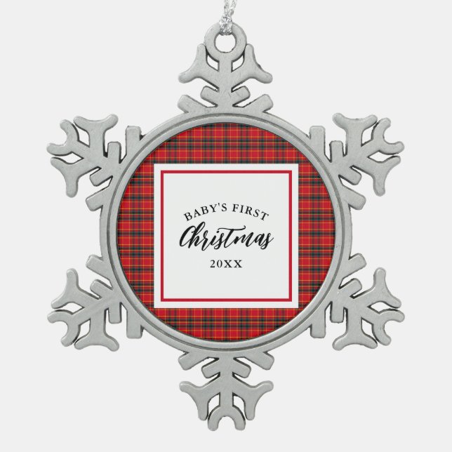 Christmas Tartan Plaid Baby's First Christmas Snowflake Pewter Christmas Ornament (Front)