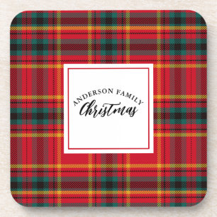 Christmas Tartan Plaid Family Name Coaster