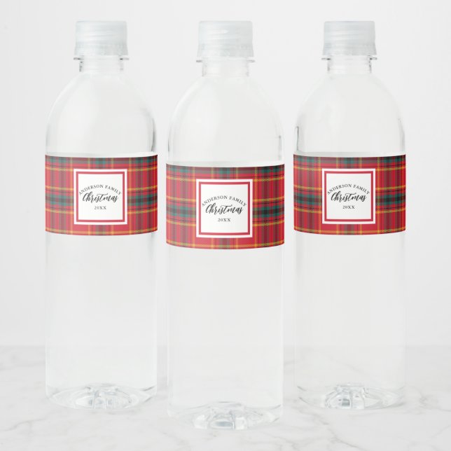 Christmas Tartan Plaid Family Name Year Water Bottle Label (Bottles)
