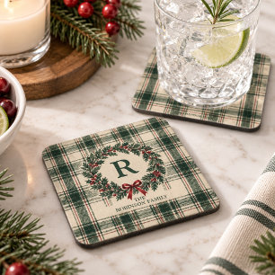Christmas Tartan Plaid Monogram Surname Wreath Coaster