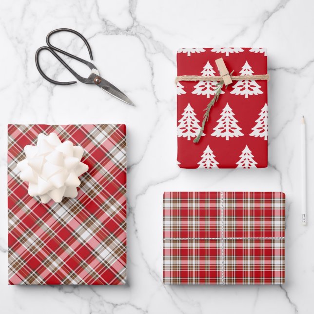 Christmas Tartan Plaid with Tree Wrapping Paper Sheet (Front)