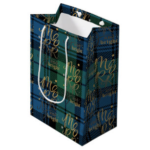 Christmas Tartan Script Green Blue Check Plaid Medium Gift Bag