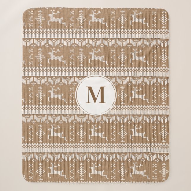 Christmas  Taupe & White Norwegian Deer | Monogram Sherpa Blanket (Front)