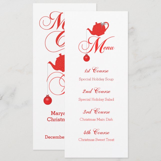 Christmas Tea Custom Menu Red Teapot Invitation (Front/Back)
