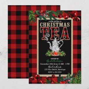 Christmas Tea Party Rustic Red Black Buffalo Plaid Invitation