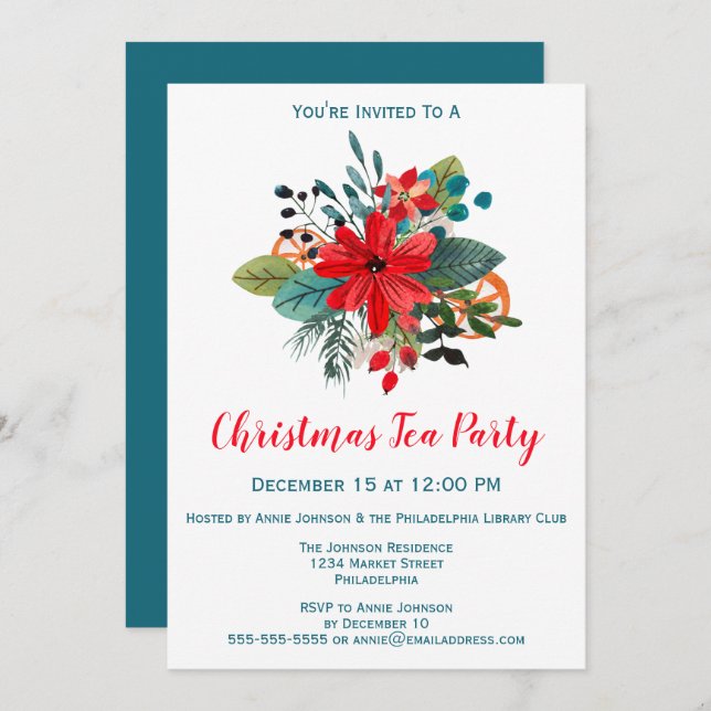 Christmas Tea Party Winter Florals & Fruit Invitation (Front/Back)