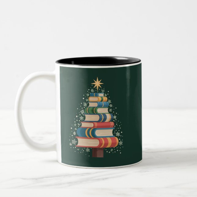 Christmas Teacher Books Tree Xmas Reading Holiday Two-Tone Coffee Mug (Left)