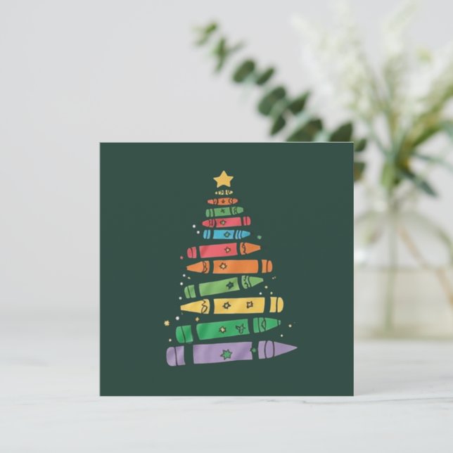 Christmas Teacher Crayon Tree Cute Xmas Lights  Holiday Card (Standing Front)