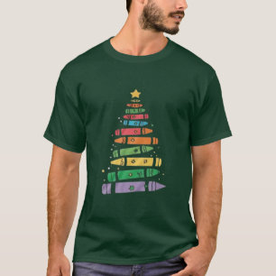 Christmas Teacher Crayon Tree Cute Xmas Lights  T-Shirt