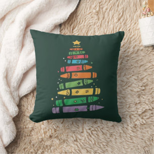Christmas Teacher Crayon Tree Cute Xmas Lights Throw Pillow