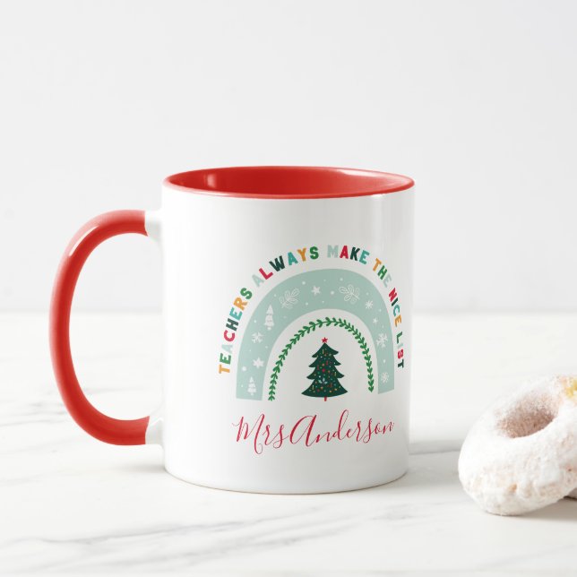Christmas teacher rainbow nice list cute gift mug (With Donut)