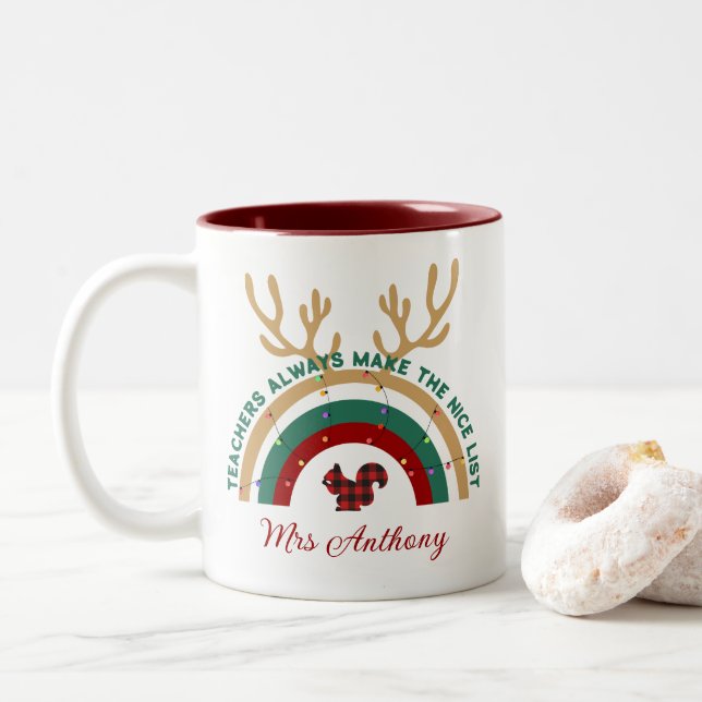 Christmas teacher rainbow nice list cute gift Two-Tone coffee mug (With Donut)