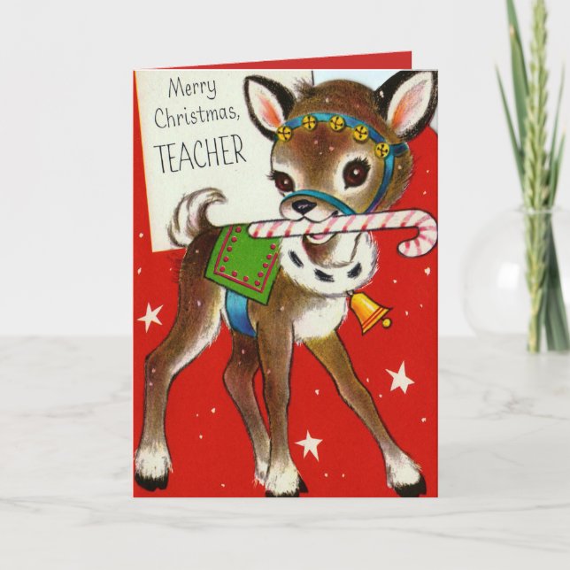 Christmas Teacher Reindeer vintage retro card (Front)