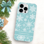 Christmas Teal and White Snowflakes Monogrammed Case-Mate iPhone 14 Pro Max Case<br><div class="desc">This personalized Christmas phone case features a teal blue and white snowflakes pattern and a template to type your name. It's a cute idea for winter holidays season.</div>