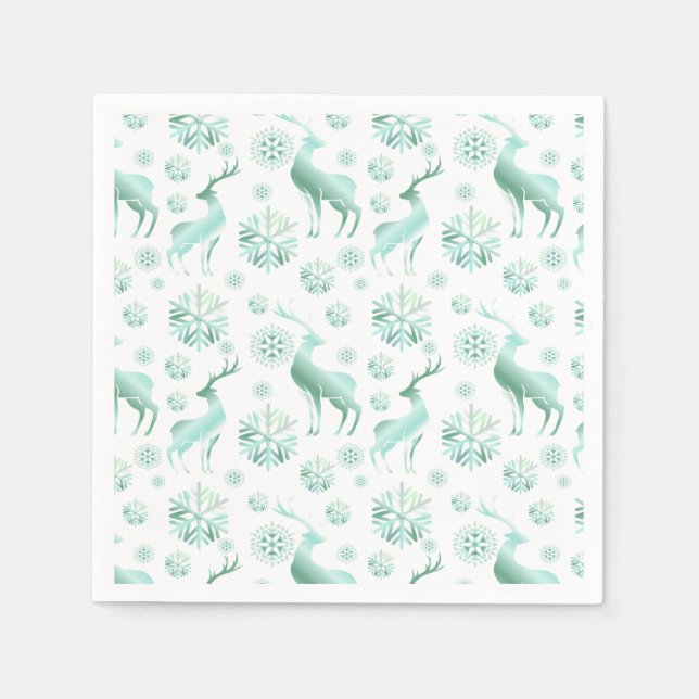 Christmas Teal Metallic Snowflakes and Reindeers Napkin (Front)