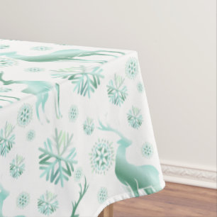 Christmas Teal Metallic Snowflakes and Reindeers Tablecloth